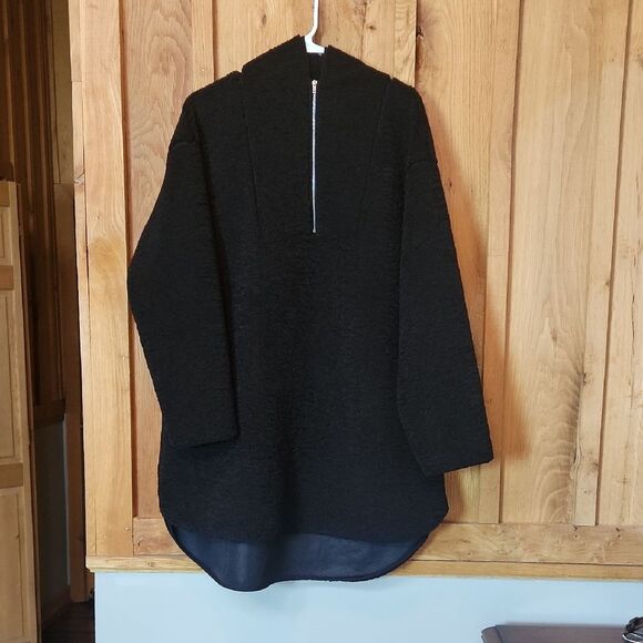 NEW Lulus Let's Make It Cozy Black Teddy Quarter Zip Hooded Tunic Jacket, Medium - Picture 1 of 8